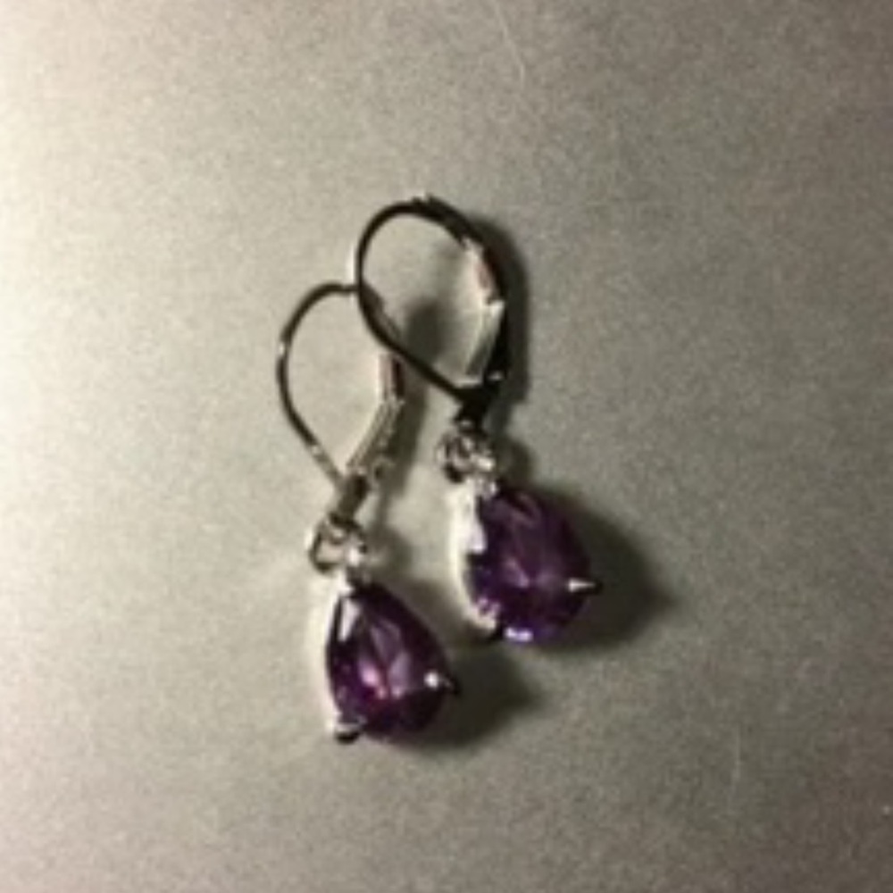 Silver Tear Shape Purple Amethyst Dangle Earrings - Picture 2 of 2